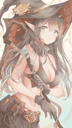Rule 34 | 1girl, bandages, belt, belt bag, belt buckle, black bra, bra, breasts, brown gloves, brown hair, buckle, commentary, cowboy shot, english commentary, flower, gloves, gradient background, grey eyes, hat, hat ornament, highres, holding, holding staff, hua6ai, looking at viewer, medium breasts, navel, original, parted lips, pointy ears, raised eyebrow, ribbon, sepia, solo, staff, underwear, witch, witch hat, yellow flower