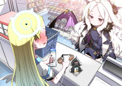 Rule 34 | 2girls, bat wings, black gloves, black horns, black skirt, blonde hair, blue archive, cellphone, closed mouth, fur-trimmed jacket, fur trim, gloves, halo, hina (blue archive), hitotose rin, holding, holding phone, horns, indoors, jacket, long hair, long sleeves, looking at phone, military uniform, multiple girls, phone, purple eyes, skirt, sora (blue archive), supermarket, uniform, white hair, white halo, wings