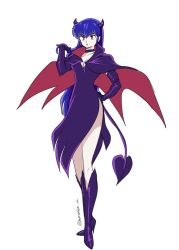 Rule 34 | 1girl, blue hair, boots, breasts, cape, choker, cleavage, collarbone, demon girl, demon horns, demon tail, dot mouth, dress, elbow gloves, full body, gloves, hand on own hip, high heel boots, high heels, horns, knee boots, long hair, looking to the side, medium breasts, mendako da, purple cape, purple choker, purple dress, purple footwear, purple gloves, red eyes, sakura (urusei yatsura), side slit, sidelocks, signature, simple background, solo, standing, tail, thighs, urusei yatsura, white background