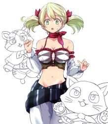 Rule 34 | 1girl, aranya (atelier), atelier (series), atelier rorona, blonde hair, bow, breasts, cleavage, cowboy shot, crop top, detached sleeves, doll, female focus, green eyes, groin, hair bow, horoholo (atelier), lionela heinze, looking at viewer, maromi (am97), pants, red bow, red scarf, scarf, short hair, twintails, white background, white pants