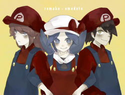 Rule 34 | 1girl, 2boys, alternate color, alternate costume, artist request, bad id, bad pixiv id, black hair, blue eyes, blue hair, blush, colored skin, cosplay, creatures (company), crossover, english text, ethan (pokemon), game freak, grey eyes, hat, holding, kris (pokemon), mario, mario (cosplay), mario (series), multiple boys, nintendo, pokemon, pokemon gsc, pokemon hgss, red hair, silver (pokemon), smile, super mario bros. 1, twintails, white skin, yellow background, yellow eyes