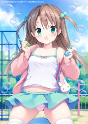 Rule 34 | 1girl, :d, animal bag, bag, blue sky, blush, breasts, brown hair, bubble, bubble pipe, camisole, cloud, collarbone, commentary request, day, green eyes, green skirt, hair between eyes, hair bobbles, hair ornament, holding, izuminanase, jacket, jungle gym, long sleeves, looking at viewer, midriff peek, off shoulder, open clothes, open jacket, open mouth, original, outdoors, panties, pink jacket, pink panties, pleated skirt, puffy long sleeves, puffy sleeves, shoulder bag, skirt, sky, small breasts, smile, solo, thighhighs, two side up, underwear, white camisole, white thighhighs