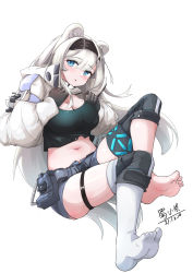 Rule 34 | 1girl, absurdres, animal ears, arknights, aurora (arknights), aurora (elite ii) (arknights), bear ears, black gloves, black hairband, black shirt, blue eyes, blush, breasts, cleavage, commentary request, crop top, dated, gloves, grey shorts, hairband, highres, hinanawi mika, infection monitor (arknights), large breasts, long hair, long sleeves, looking at viewer, midriff, mole, mole on breast, navel, parted lips, partial commentary, pouch, shirt, short shorts, shorts, shrug (clothing), silver hair, simple background, single sock, single thighhigh, socks, soles, solo, stomach, thighhighs, toes, very long hair, white background