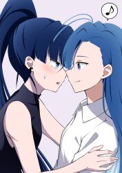 Rule 34 | 2girls, ado (utaite), ahoge, black shirt, blue eyes, blue hair, blush, breasts, closed mouth, commentary request, dress shirt, eye contact, highres, long hair, looking at another, merry (ado), multiple girls, musical note, naima (ado), nori (norinori yrl), open mouth, ponytail, purple background, readymade (ado), shirt, simple background, sleeveless, sleeveless shirt, small breasts, spoken musical note, sweatdrop, upper body, usseewa, white shirt, yuri
