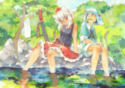 Rule 34 | 2girls, adapted costume, alternate costume, animal ears, backpack, bag, bare arms, belt, blue eyes, blue hair, cattail, cucumber, eye contact, hat, inubashiri momiji, katana, kawashiro nitori, landscape, looking at another, mouth hold, multiple girls, nature, open mouth, painting (medium), partially submerged, plant, pororikin, red eyes, short hair, short sleeves, shorts, sitting, skirt, sleeveless, smile, string, sweat, sword, tail, tank top, tokin hat, touhou, towel, traditional media, twintails, two side up, water, watercolor (medium), weapon, wolf ears, wolf tail