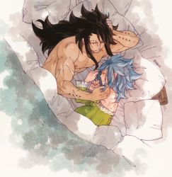 Rule 34 | 1boy, 1girl, bed, black hair, blanket, blue hair, couple, downscaled, fairy tail, gajeel redfox, levy mcgarden, md5 mismatch, pillow, playing with another&#039;s hair, pregnant, resized, rusky, scar, scar on arm, sleeping