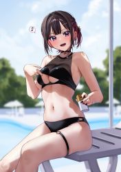 Rule 34 | 1girl, :d, armpit crease, bare arms, bare legs, bare shoulders, bikini, bikini top lift, black bikini, black choker, blurry, blurry background, blush, bottle, breasts, brown hair, chigusa minori, choker, clothes lift, day, depth of field, earrings, gradient eyes, hair ornament, hairclip, highres, holding, holding bottle, jewelry, looking at viewer, lotion, medium breasts, multicolored eyes, multicolored hair, musical note, nail polish, navel, open mouth, outdoors, pole, pool, poolside, purple eyes, red hair, shino to ren, shirayuki ren, short hair, short ponytail, side ponytail, sitting, skindentation, sky, smile, solo, speech bubble, spoken musical note, star (symbol), star choker, stomach, stud earrings, sunscreen, swimsuit, teeth, thigh strap, thighs, tree, two-tone hair, underboob, upper teeth only