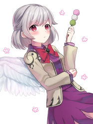Rule 34 | 1girl, :/, angel wings, beige jacket, blush, bow, bowtie, breasts, brooch, closed mouth, commentary request, cowboy shot, dango, dress, dutch angle, food, hand up, highres, holding, holding skewer, jewelry, kishin sagume, long sleeves, looking at viewer, medium breasts, pink eyes, purple dress, red bow, red bowtie, sanshoku dango, short hair, silver hair, simple background, single wing, skewer, solo, suzuno naru, swept bangs, touhou, wagashi, white background, wings