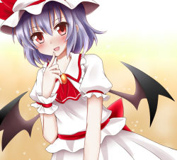 Rule 34 | 1girl, :d, bat wings, dress, finger to mouth, gradient background, hachimi, hat, mob cap, open mouth, puffy short sleeves, puffy sleeves, purple hair, red eyes, remilia scarlet, short hair, short sleeves, smile, solo, touhou, wings