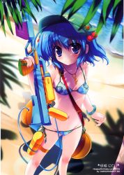 Rule 34 | 1girl, absurdres, bare shoulders, beach, bikini, blue eyes, blue hair, blush, bracelet, collarbone, groin, hair bobbles, hair ornament, happy birthday (artist), hat, highres, huge filesize, jewelry, kawashiro nitori, key, maruchan., navel, necklace, ocean, outdoors, pendant, scan, shadow, short hair, smile, solo, standing, swimsuit, touhou, toy, two side up, water, water gun