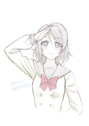 Rule 34 | 1girl, aziazi014, blue eyes, blush, bow, bowtie, buttons, closed mouth, commentary request, cropped torso, dated, double-breasted, grey hair, grey sailor collar, highres, looking at viewer, love live!, love live! sunshine!!, red bow, red bowtie, sailor collar, salute, school uniform, short hair, sidelocks, smile, solo, standing, twitter username, uranohoshi school uniform, watanabe you, white background, winter uniform