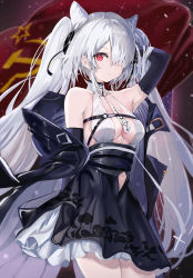 Rule 34 | 1girl, absurdres, age fx, arm behind back, azur lane, bare shoulders, black gloves, clothing cutout, elbow gloves, gloves, hair between eyes, hair horns, hammer and sickle, highres, kiev (azur lane), kiev (backstreet silver sonata) (azur lane), long hair, looking at viewer, navel cutout, official alternate costume, one eye covered, red eyes, silver hair, twintails