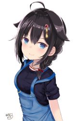 Rule 34 | 1girl, ahoge, akino ell, black hair, black shirt, blue eyes, bow, breasts, closed mouth, hair between eyes, hair bow, hair flaps, hair ornament, highres, kantai collection, long hair, overalls, red bow, shigure (kancolle), shigure kai ni (kancolle), shirt, short sleeves, signature, small breasts, smile, solo, striped