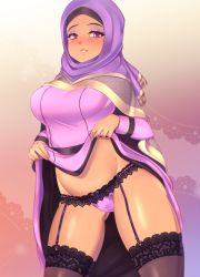 Rule 34 | 1girl, abia nawazi, absurdres, breasts, clothes lift, commentary, commission, dark-skinned female, dark skin, dress, dress lift, english commentary, eyeshadow, garter belt, garter straps, highres, hijab, hunie (series), huniepop, huniepop 2, lace, lace-trimmed legwear, lace trim, large breasts, long dress, makeup, muslim, naughty face, official art, panties, pink panties, purple eyes, solo, the scarlet devil, thighhighs, thighs, underwear