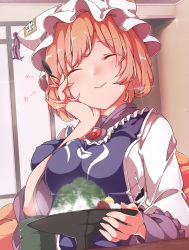 Rule 34 | 1girl, absurdres, animal hat, blonde hair, blush, breasts, closed eyes, commentary request, cup, dress, facing viewer, fingernails, food, fox tail, gokuu (acoloredpencil), hand on own cheek, hand on own face, hand up, hat, heart, highres, holding, holding spoon, indoors, large breasts, long fingernails, long sleeves, mob cap, multiple tails, shaved ice, short hair, smile, solo, sparkle, spoon, tabard, tail, tassel, touhou, upper body, white dress, white hat, yakumo ran, yunomi