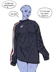 Rule 34 | 1girl, alien, asari (mass effect), black sweater, blue eyes, blue hair, blue skin, borrowed clothes, cbb (tuucoo), colored skin, commentary request, english text, female pov, freckles, highres, liara t&#039;soni, loose clothes, mass effect (series), n7 hoodie, oversized clothes, pov, purple lips, short hair, sleeves past wrists, solo, speech bubble, standing, sweater, tentacle hair