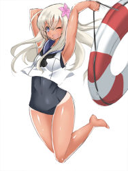 Rule 34 | 10s, 1girl, blonde hair, blue eyes, breasts, crop top, flower, hair flower, hair ornament, jumping, kantai collection, lifebuoy, maron (kagamikunn), one-piece tan, one eye closed, ro-500 (kancolle), sailor collar, school swimsuit, small breasts, solo, swim ring, swimsuit, swimsuit under clothes, tan, tanline