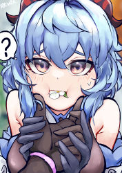 Rule 34 | ?, absurdres, aether (genshin impact), bare shoulders, black gloves, blue hair, blush, breasts, cheek pinching, close-up, detached sleeves, eating, eating flower, flower, ganyu (genshin impact), genshin impact, gloves, grabbing another&#039;s chin, highres, horns, long hair, looking at viewer, medium breasts, petals in mouth, pinching, purple eyes, qingxin flower, speech bubble, sweat, upper body, user tcxc7872, white flower