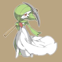 Rule 34 | 1girl, bob cut, closed mouth, colored skin, creatures (company), female focus, flat chest, game freak, gardevoir, gen 3 pokemon, green hair, green skin, hair over one eye, half-closed eyes, hand up, happy, holding, holding pickaxe, looking at viewer, lowres, multicolored skin, nintendo, one eye covered, outline, over shoulder, oyama yoihaya, pickaxe, pokemon, pokemon (creature), red eyes, short hair, sideways mouth, smile, solo, two-tone skin, weapon, weapon over shoulder, white outline, white skin