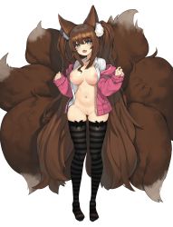 Rule 34 | 1girl, :d, absurdres, animal ear fluff, animal ears, aqua eyes, bad id, bad pixiv id, black thighhighs, blush, breasts, breasts apart, brown hair, cardigan, censored, collarbone, collared shirt, commission, dress shirt, fang, fluffy, fox ears, fox girl, fox tail, full body, groin, hands up, head tilt, heart, heart censor, highres, hood, hood down, hooded jacket, jacket, kitsune, large breasts, large tail, long hair, long sleeves, looking at viewer, multiple tails, navel, nipples, no bra, no panties, no shoes, off shoulder, open clothes, open jacket, open mouth, open shirt, original, pinching sleeves, pink cardigan, pink jacket, plushmallow, pussy, revision, romana, shirt, simple background, sleeves past wrists, smile, solo, standing, stomach, striped clothes, striped thighhighs, tail, thighhighs, twintails, very long hair, white background, white shirt