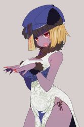 Rule 34 | 1girl, bare shoulders, blonde hair, blue hat, blush, breasts, brown panties, china dress, chinese clothes, cleavage cutout, clothing cutout, colored skin, commentary request, cowboy shot, dress, fangs, fingernails, floral print, fur collar, grey background, grey dress, hands up, hat, highres, jiangshi, large breasts, lipstick, looking at viewer, makeup, nail polish, ofuda, ofuda on clothes, open mouth, original, panties, pelvic curtain, purple skin, red eyes, red lips, red nails, sharp fingernails, sharp teeth, short hair, side-tie panties, side slit, simple background, solo, sumiyao (amam), teeth, underwear, wristband