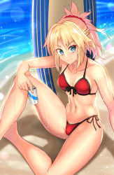 Rule 34 | &gt;:), 1girl, beach, bikini, blonde hair, blue eyes, blush, breasts, can, closed mouth, collarbone, day, drink can, fate/grand order, fate (series), halterneck, highres, looking at viewer, mordred (fate), mordred (fate) (all), mordred (fate/apocrypha), mordred (swimsuit rider) (fate), mordred (swimsuit rider) (first ascension) (fate), navel, nekoda (maoda), ponytail, red bikini, shadow, side-tie bikini bottom, small breasts, smile, soda can, solo, stomach, string bikini, surfboard, sweat, swimsuit, v-shaped eyebrows