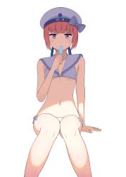 Rule 34 | 1girl, 410khz, absurdres, bikini, brown eyes, clothes writing, collarbone, cowboy shot, flat chest, food, hat, highres, kantai collection, looking at viewer, navel, popsicle, red hair, sailor bikini, sailor collar, sailor hat, short hair, side-tie bikini bottom, simple background, sitting, solo, swimsuit, white background, white bikini, white hat, white sailor collar, z3 max schultz (kancolle)