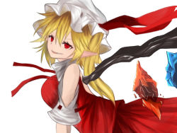Rule 34 | 1girl, bare shoulders, blonde hair, clothing cutout, crystal, flandre scarlet, from side, hair between eyes, hat, hat ribbon, looking at viewer, looking to the side, mob cap, parted lips, pointy ears, psyren2, red eyes, red ribbon, red skirt, red vest, ribbon, short sleeves, shoulder cutout, side ponytail, skirt, skirt set, smile, solo, touhou, vest, wings