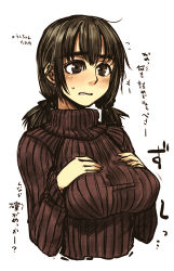 Rule 34 | 1girl, black eyes, black hair, blush, breasts, flying sweatdrops, hands on own chest, highres, kotoba noriaki, large breasts, long hair, long sleeves, looking afar, looking away, low twintails, original, parted lips, purple sweater, ribbed sweater, simple background, solo, sweat, sweater, translation request, twintails, white background