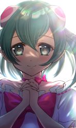 Rule 34 | 1girl, backlighting, bow, choker, closed mouth, collarbone, floating hair, green eyes, green hair, hagoromo lala, hair between eyes, highres, long hair, looking at viewer, minccino7, own hands clasped, own hands together, pointy ears, precure, red bow, red choker, smile, solo, star-shaped pupils, star (symbol), star twinkle precure, symbol-shaped pupils, upper body, white background