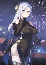Rule 34 | 1girl, bare shoulders, black dress, blue bow, blush, bow, breasts, commentary request, covered navel, cowboy shot, detached sleeves, dress, fireworks, genshin impact, grey eyes, hair bow, hand up, highres, large breasts, long hair, long sleeves, looking at viewer, shenhe (frostflower dew) (genshin impact), shenhe (genshin impact), sleeveless, sleeveless dress, solo, standing, very long hair, white hair, zenshin