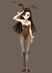 Rule 34 | &gt;:), 1girl, animal ears, asymmetrical bangs, bare shoulders, black hair, blunt ends, blush, bow, bowtie, breasts, brown background, brown eyes, brown footwear, brown leotard, cleavage, covered navel, detached collar, fake animal ears, full body, girls und panzer, gluteal fold, katahira masashi, leotard, lips, long hair, looking at viewer, medium breasts, nishi kinuyo, pantyhose, playboy bunny, rabbit ears, salute, side-tie leotard, simple background, smile, solo, thigh gap, v-shaped eyebrows, wing collar, wrist cuffs, yellow bow, yellow bowtie