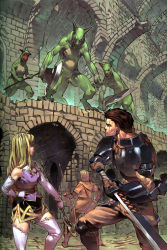 Rule 34 | 1boy, 1girl, 2boys, arch, armor, arngrim, arrow (projectile), blonde hair, bow, bow (weapon), bracelet, breastplate, brown gloves, brown hair, brown pants, buckle, character request, dagger, dungeon, elbow gloves, from behind, from below, furry, furry male, gloves, green eyes, highres, holding, holding staff, holding weapon, hood, hood down, hooded jacket, indoors, jacket, jewelry, knife, lizardman, llewelyn, long hair, looking at another, miniskirt, monster, multiple boys, mystina (valkyrie profile), official art, pants, pauldrons, polearm, quiver, ruins, scar, scar across eye, scar on face, sheath, sheathed, shirt, short hair, shoulder armor, skirt, sleeveless, sleeveless shirt, staff, standing, stone wall, sword, thighhighs, two-handed, valkyrie profile (series), vambraces, wall, weapon, white gloves, white thighhighs, yoshinari you, zettai ryouiki