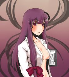 Rule 34 | 1girl, bad id, bad pixiv id, breasts, cleavage, crescent, crescent hair ornament, female focus, hair ornament, long hair, no bra, open clothes, open shirt, patchouli knowledge, purple hair, red eyes, ribbon, shirt, solo, touhou, urita (vivivinicol)