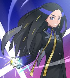 Rule 34 | 1girl, black hair, black jacket, blackspade, blue eyes, buttons, commentary request, creatures (company), double-breasted, eyelashes, game freak, geeta (pokemon), gloves, holding, holding tera orb, jacket, long hair, long sleeves, looking at viewer, neck ribbon, nintendo, pokemon, pokemon sv, ribbon, smile, solo, tera orb, upper body, yellow ribbon