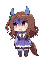 Rule 34 | 1girl, bow, bowtie, brown hair, commentary, ear covers, frown, gloom (expression), highres, king halo (umamusume), long hair, long sleeves, pleated skirt, purple serafuku, purple skirt, purple thighhighs, red eyes, school uniform, serafuku, simoyuki, simple background, skirt, solo, symbol-only commentary, thighhighs, tracen school uniform, umamusume, white background, white bow, white bowtie