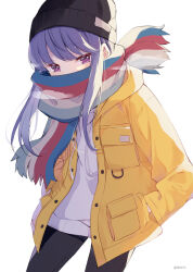 1girl artist_name black_hat black_pants coat hands_in_pockets hat hazuki_natsu highres looking_at_viewer multicolored_scarf open_clothes open_coat pants purple_eyes purple_hair scarf shima_rin sidelocks simple_background solo striped_clothes striped_scarf sweater white_background white_sweater yellow_coat yurucamp