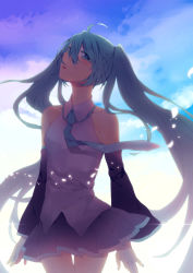 Rule 34 | 1girl, ahoge, ayune, bad id, bad pixiv id, detached sleeves, hatsune miku, highres, long hair, looking at viewer, nail polish, necktie, skirt, sky, solo, twintails, very long hair, vocaloid