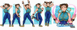 Rule 34 | 1girl, arms up, biceps, brown hair, capcom, character name, chun-li, dancing, double bun, fortnite, full body, hair bun, hair ribbon, heart, hershuar, highres, looking at viewer, muscular, muscular female, ribbon, sequential, shoes, sleeveless, sneakers, solo, street fighter, studded bracelet