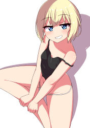 Rule 34 | 1girl, black shirt, blonde hair, blue eyes, blush, breasts, erica hartmann, grin, highres, looking at viewer, panties, sabfish1229, shirt, short hair, simple background, small breasts, smile, solo, strike witches, underwear, white background, white panties, world witches series