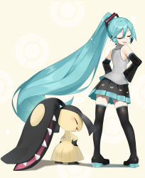 Rule 34 | 1girl, :d, absurdres, black footwear, black skirt, boots, closed eyes, commentary, creatures (company), crossover, detached sleeves, eyelashes, floating hair, game freak, gen 3 pokemon, green hair, grey shirt, hair between eyes, hair ornament, hands on own hips, hatsune miku, highres, long hair, mawile, nintendo, open mouth, pigeon-toed, pleated skirt, pokemon, pokemon (creature), ponytail, reirou (chokoonnpu), shirt, skirt, sleeveless, sleeveless shirt, smile, standing, symbol-only commentary, thigh boots, thighhighs, tongue, vocaloid, |d