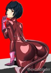 Rule 34 | 1girl, ass, black hair, blush, bodysuit, boots, breasts, cameltoe, cleft of venus, cosplay, excaliblader, finger to mouth, from behind, gloves, highres, huge ass, looking at viewer, looking back, persona, persona 5, red bodysuit, shiny clothes, short hair, shushing, sideboob, skin tight, solo, tail, takamaki anne, takamaki anne (cosplay), takemi tae, thigh boots, thighhighs