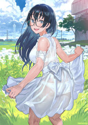 Rule 34 | 1girl, :d, artist name, ass, back bow, bandaged arm, bandages, bare arms, bare shoulders, black-framed eyewear, black hair, blue eyes, bow, bra, breasts, building, collared dress, commentary, day, dress, feet out of frame, from behind, glasses, grass, hair between eyes, hand up, highres, kneepits, long hair, looking at viewer, looking back, medium breasts, mole, mole on neck, mole under eye, norinco, open mouth, original, outdoors, panties, round eyewear, see-through, see-through dress, skirt hold, sleeveless, sleeveless dress, smile, solo, standing, stone, sundress, teeth, transmission tower, tree, underwear, upper teeth only, white bow, white bra, white dress, white panties