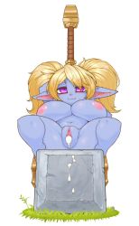 Rule 34 | 1girl, amad, blonde hair, blue skin, breasts, closed mouth, colored skin, cum, cum in pussy, highres, large breasts, league of legends, long hair, looking at viewer, navel, nipples, pointy ears, poppy (league of legends), purple eyes, shiny skin, shortstack, simple background, solo, spread legs, twintails, uncensored, yordle