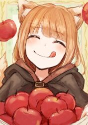 Rule 34 | 1girl, :q, absurdres, animal ear fluff, animal ears, apple, black cloak, blush, brown hair, cloak, closed eyes, closed mouth, commentary request, facing viewer, food, fruit, harurukan, highres, holo, hood, hooded cloak, portrait, solo, spice and wolf, tongue, tongue out, twitter username, wolf ears, wolf girl