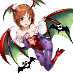 Rule 34 | 10s, 1girl, animal print, bare shoulders, bat (animal), bat print, bat wings, blood, blush, boots, breasts, bridal gauntlets, cleavage, cosplay, demon girl, girls und panzer, head wings, high heel boots, high heels, leotard, lilith aensland, lilith aensland (cosplay), looking at viewer, medium breasts, nishizumi miho, nosebleed, object on head, open mouth, panties, panties on head, pantyhose, print pantyhose, purple pantyhose, red leotard, short hair, silhouette demon, simple background, solo, underwear, unowen, vampire (game), white background, wings