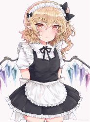 Rule 34 | 1girl, alternate costume, apron, arms behind back, back bow, black bow, black dress, black ribbon, blonde hair, blush, bow, collared shirt, commentary, cowboy shot, crystal, dress, enmaided, flandre scarlet, frilled apron, frilled dress, frilled shirt collar, frills, hair between eyes, hair bow, highres, long hair, looking at viewer, maid, maid apron, maid headdress, neck ribbon, one side up, pleated dress, pointy ears, puffy short sleeves, puffy sleeves, red eyes, ribbon, shirt, short sleeves, skindentation, solo, symbol-only commentary, thighhighs, touhou, waist apron, white apron, white bow, white shirt, white thighhighs, wings, yuma (yuuma pants), zettai ryouiki