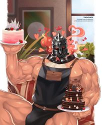 Rule 34 | 1boy, apron, bara, bare pectorals, biceps, black apron, bulge, cake, chest hair, chocolate, chocolate cake, fire, food, fruit, glowing, glowing eyes, heart, helmet, highres, holding, holding cake, holding food, large pectorals, male focus, muscular, muscular male, naked apron, nipples, pectorals, red eyes, solo, strawberry, strawberry cake, surtr (housamo), thighs, tokyo houkago summoners, veins, zagghov