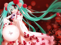 Rule 34 | bug, butterfly, detached sleeves, dress, fox mask, green eyes, green hair, hatsune miku, highres, himito, insect, long hair, mask, solo, twintails, very long hair, vocaloid