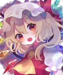 Rule 34 | 1girl, :o, ascot, blonde hair, blush, check commentary, chikuwa (tikuwaumai ), collared shirt, commentary request, crystal, fang, flandre scarlet, floating hair, hair between eyes, hair ribbon, hat, highres, lens flare, light particles, looking at viewer, mob cap, one side up, open mouth, orange eyes, puffy short sleeves, puffy sleeves, rainbow, rainbow order, red ribbon, red vest, ribbon, shirt, short hair with long locks, short sleeves, solo, touhou, upper body, vest, white shirt, wide-eyed, wings, yellow ascot